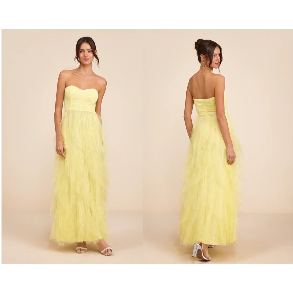 Lulus Delightful Beauty Yellow Mesh Strapless Ruched Ruffled Maxi Dress Small